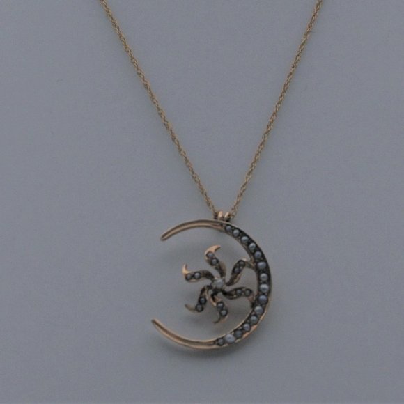 Victorian 14K YGold Cresent Moon Starburst Flower with Pearl and Seed Pearls - Picture 3 of 10